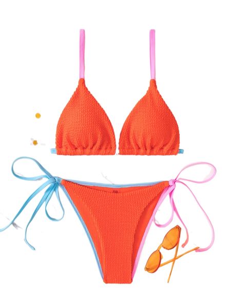 

neon orange contrast binding triangle thong bikini swimsuit s0hy#, White;black