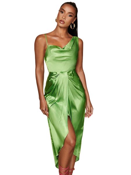 

bae draped fold pleated split thigh dress k6vf#, Black;gray