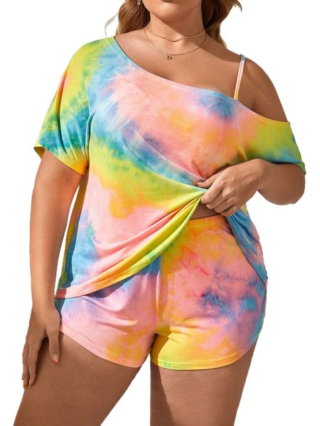 

plus tie dye asymmetrical neck pj set f6g0#, Black;white