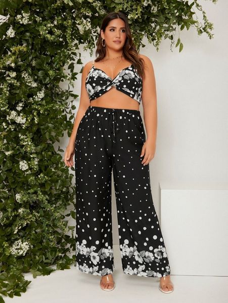 

plus polka dot & floral print cami & tie front wide leg pants r6vh#, Black