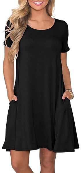 

women's summer casual t shirt dresses short sleeve swing dress with pockets g9wa#, Black;gray