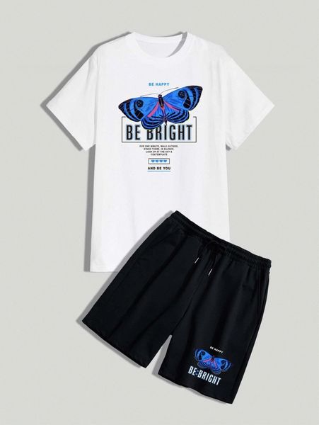 

romwe guys butterfly letter graphic tee & drawstring shorts d5yo#, Gray