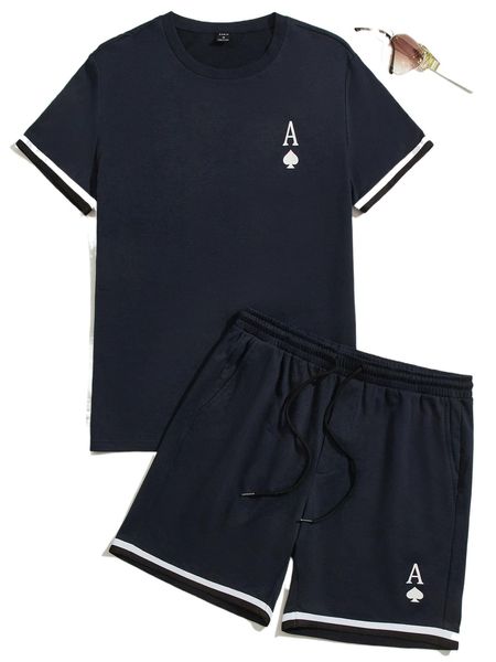 

men playing card print tee and track shorts set w4ou#, Gray