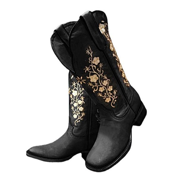 Ботинки 2022 женские ковбойские ковбойские туфли для осени современный западный вышитый широкий теленок квадратный носок