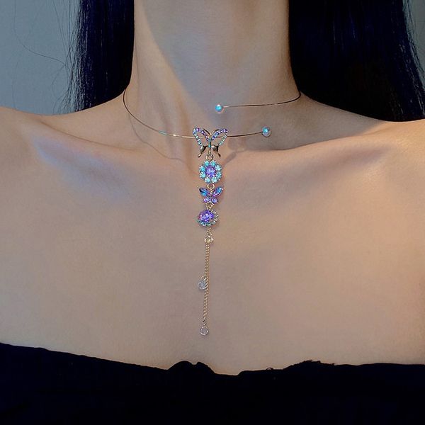 

fashion pearl collar adjustable choker necklace vintage purple crystal butterfly pendant necklace for women elegant jewelry, Golden;silver