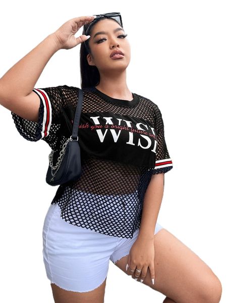 

plus letter graphic drop shoulder sports mesh sheer without tube m63z#, Black
