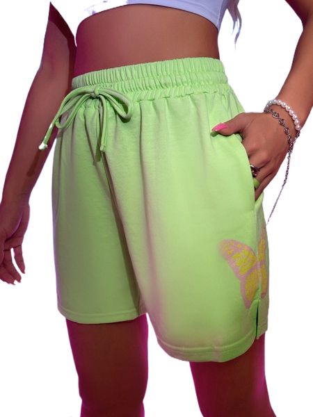 

butterfly print drawstring waist shorts a6xc#, White;black