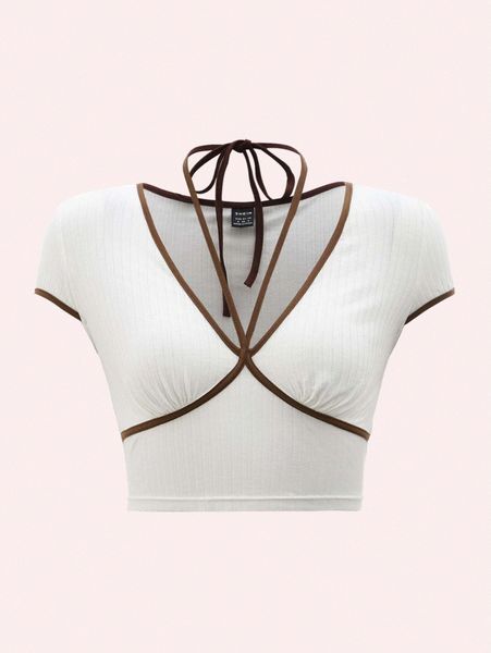 

rib-knit contrast binding tie back crop tee 87ju#, White