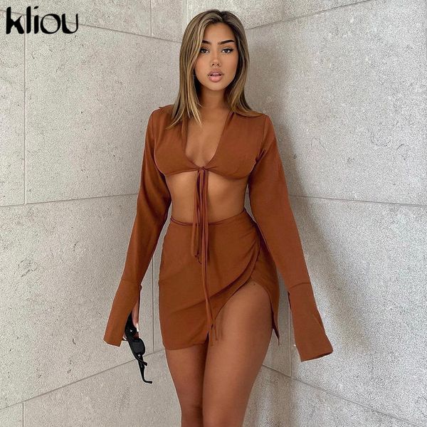 

side slit two piece set women skirt elegant cleavage ribbon lace up flare sleeve v-neck female streetwear outfit, White