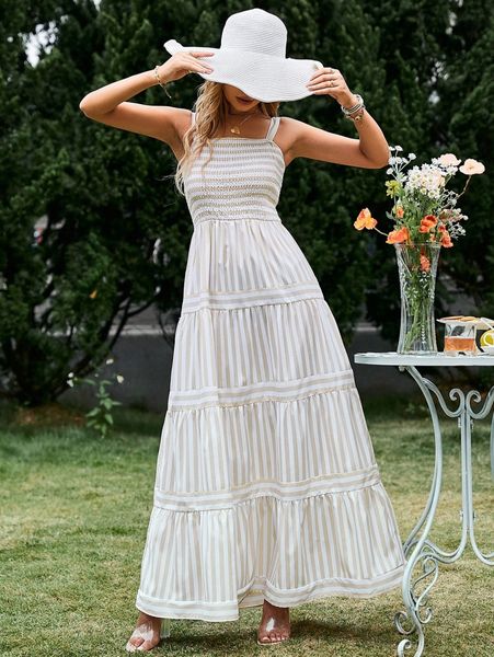

simplee striped print shirred ruffle hem cami dress m357#, Black;gray