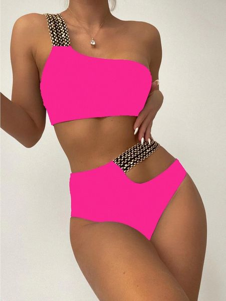 

stitch detail cut-out one shoulder bikini swimsuit v6n7#, White;black