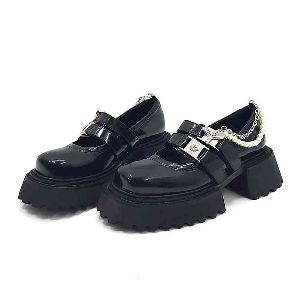 

dress shoes spring women loafer designer woman shoe fashion genuine leather pearl chains bukle design casual derby thick shoes, Black