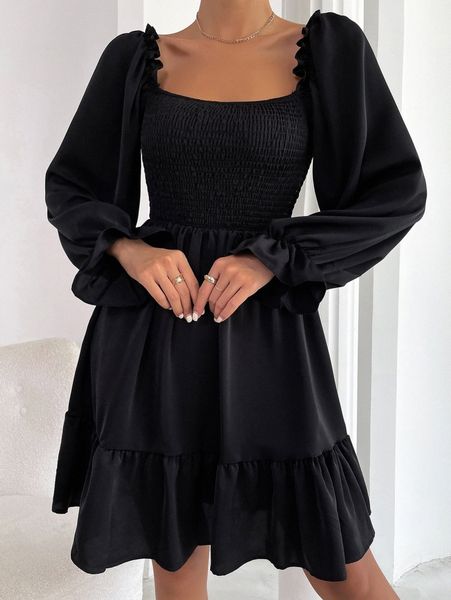 

square neck shirred bodice flounce sleeve ruffle hem dress h2to#, Black;gray