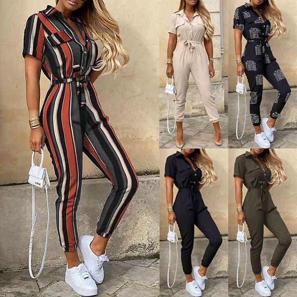 

women's pants & capris summer 2022 women's trousers casual lapel buckle printed belt overalls 634h, Black;white