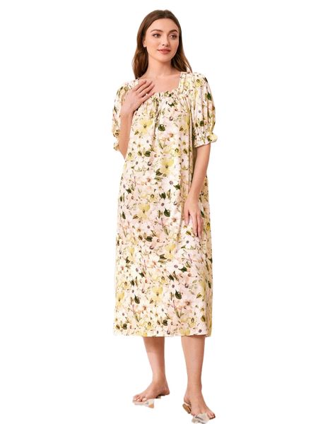 

allover floral print puff sleeve square neck nightdress e7mh#, Black;red