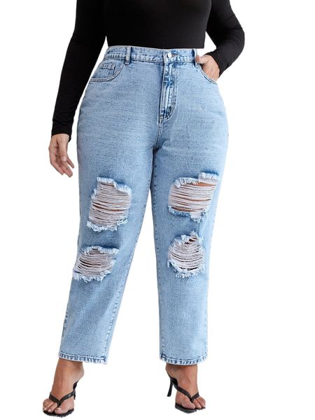 

plus high waist ripped frayed mom fit jeans x9ss#, Blue