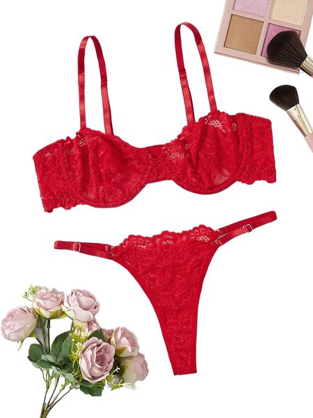 

floral lace underwire lingerie set l78f#, Black;red