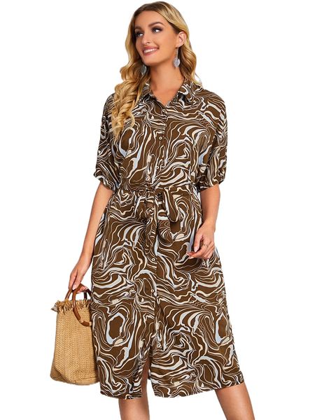 

emery rose collared self belted marble print shirt dress c4xl#, Black;gray