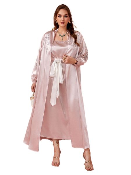 

plus rhinestone floral pattern lantern sleeve coat & belted dress i2u2#, Black