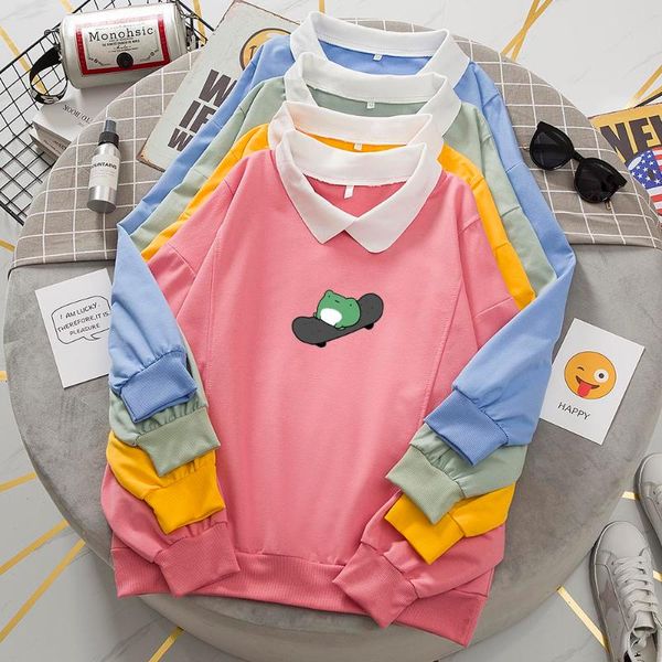 Felpe con cappuccio da donna Felpe con cappuccio Kawaii Skateboarding Frog Felpa oversize Dolce colletto rovesciato per abbigliamento donna Donna coreano S