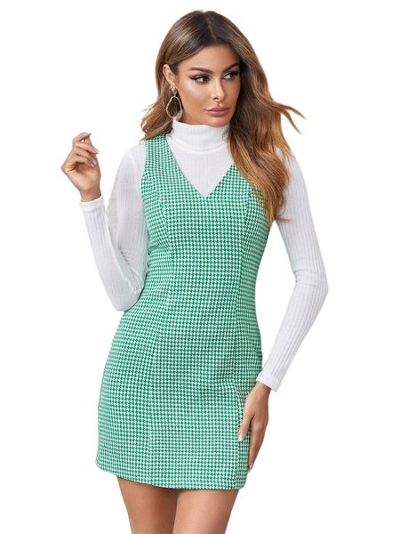 

houndstooth print form fitted dress without r8rd#, Black;gray