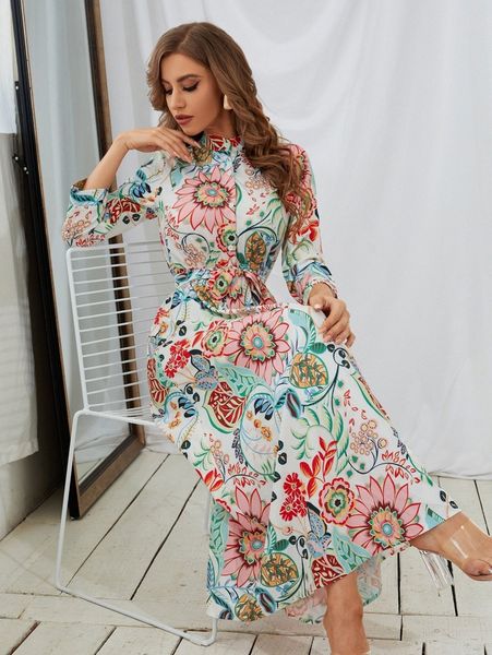 

floral print belted shirt dress v3vw#, Black;gray
