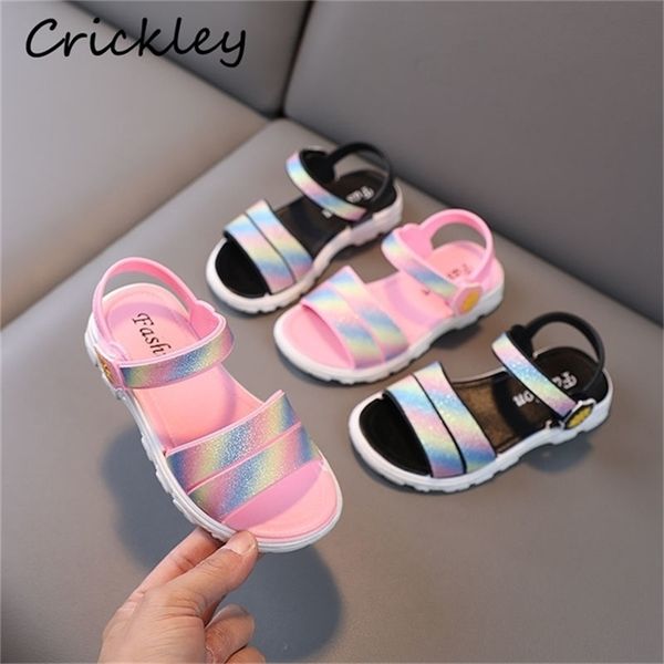 

gradient bling children summer shoes fashion pvc non slip girls sandals princess hook loop breathable footwear kids sandal 220606, Black;red