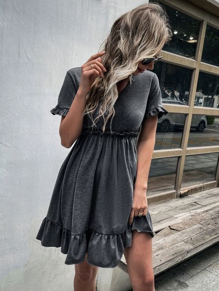 

flounce sleeve ruffle hem dress j7sc#, Black;gray