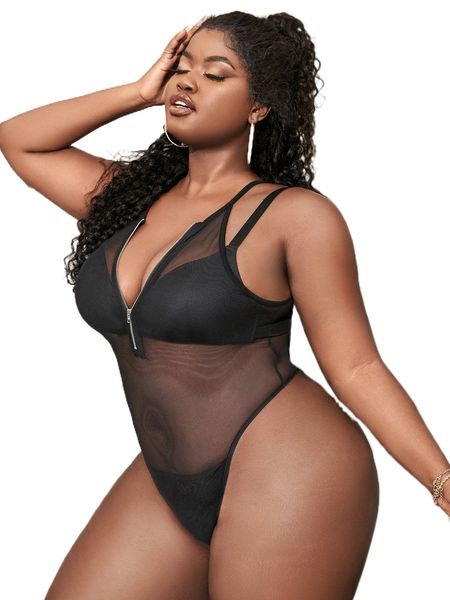 

plus zip front sheer mesh cami bodysuit without bra m5j6#, Black