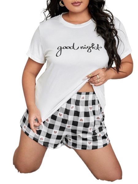 

plus letter & gingham print pj set l93t#, Black;white