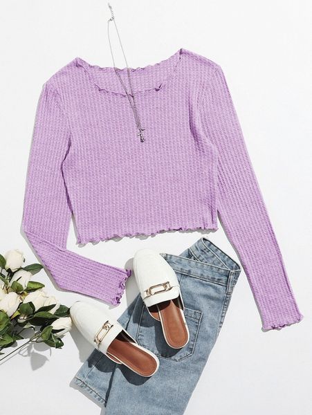 

waffle knit lettuce-edge tee y9je#, White