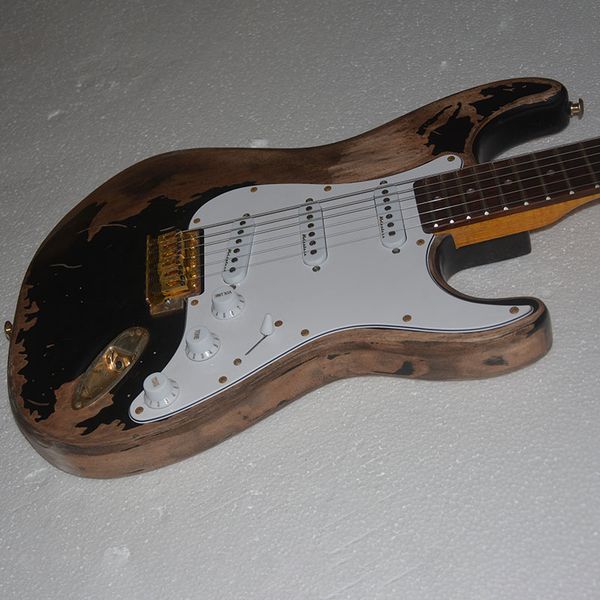 

chinese electric guitar st black color s-s-s pickups alder body and maple neck handmade heavy relic