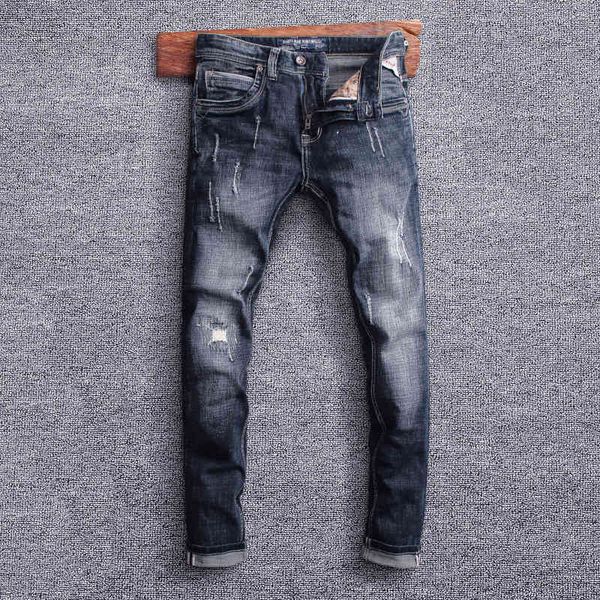 

men's jeans fashionable men's jeans worn out black grey washed street fashion slim fitting little foot fashion pants 452c, Blue