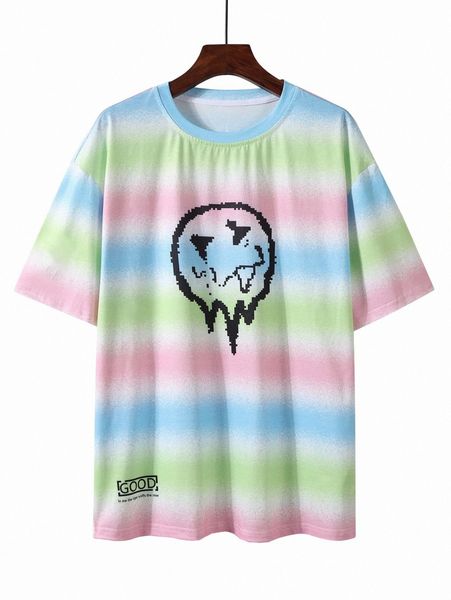 

men letter & cartoon face print drop shoulder ombre tee c8sc#, White;black