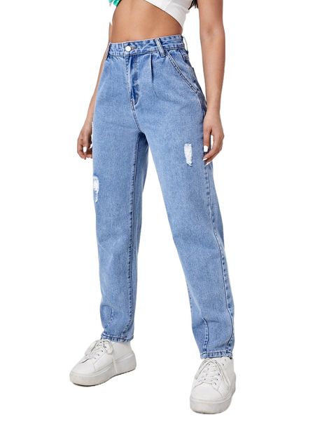 

high waist ripped tapered jeans p2uo#, Blue