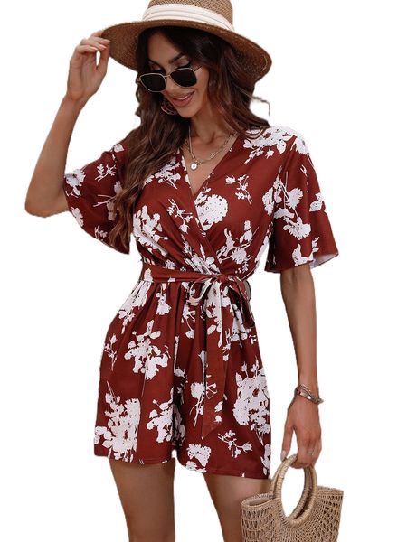 

floral overlap neck flutter sleeve belted romper r7yi#, Black;white