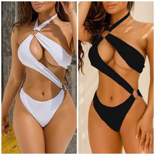 

women's swimwear women's swimming suit bikini solid simple ring cross straps swimsuit 2022 one piece jumpsuits playsuits female be, White;black
