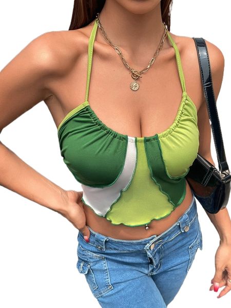 

colorblock lettuce trim tie backless crop halter c4qk#, White