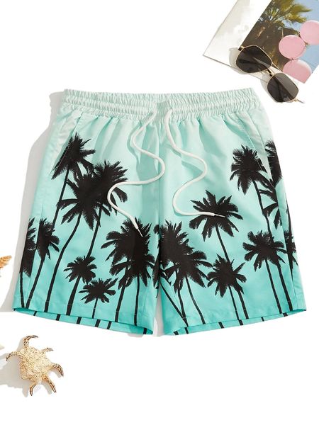 

men coconut tree print drawstring waist shorts 83hm#, White;black