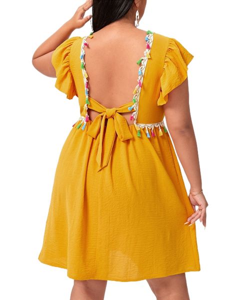 

plus tassel trim tie back a-line dress k6qr#, Black