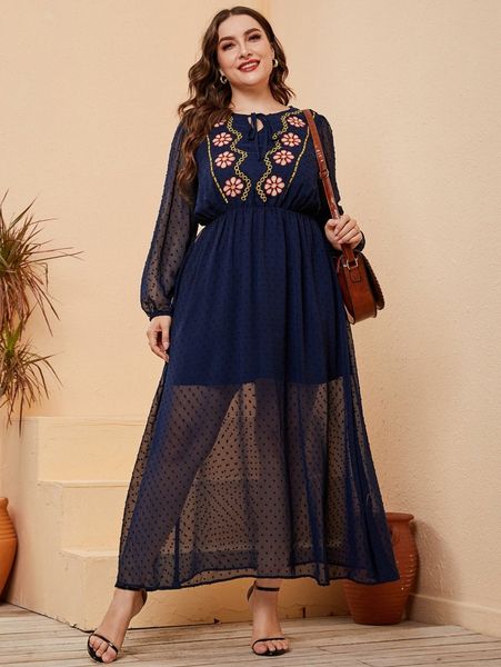 

plus swiss dot floral embroidery tie neck dress o5v9#, Black