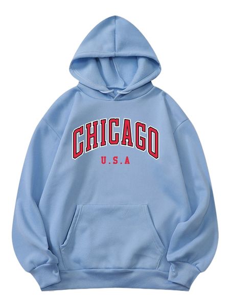 

letter graphic kangaroo pocket drawstring thermal sweatshirt k25c#, Black