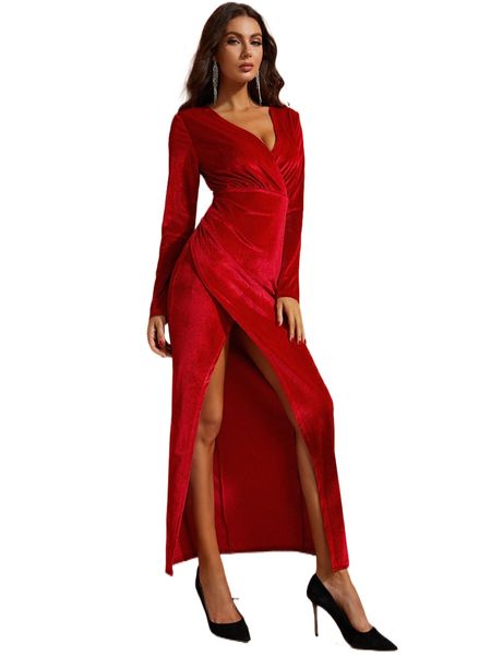 

sbetro surplice neck velvet wrap hem dress 71xt#, Black;gray