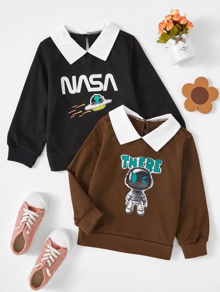 

toddler boys 2pcs letter & spaceship print contrast collar sweatshirt she, Black