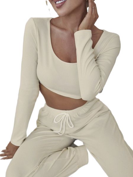 

solid crop & tie front pants lounge set r5rg#, Black;red