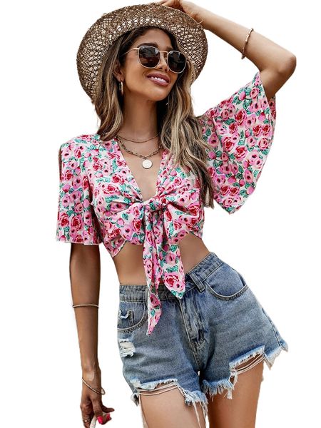 

allover floral print knot front butterfly sleeve crop i124#, White