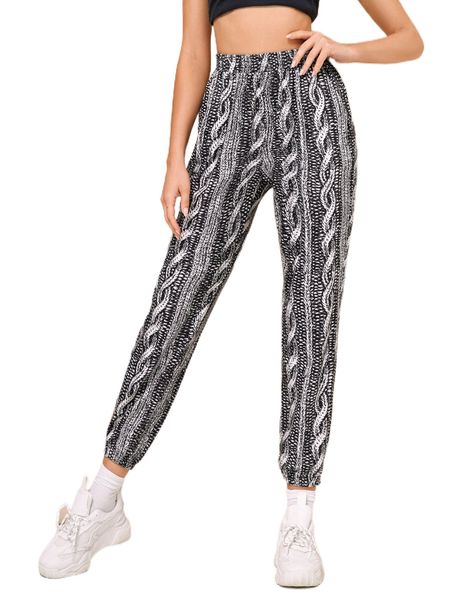 

x mina allover print high waist tapered pants r6kf#, Black;white