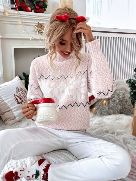 

space dye chevron & geo pattern high neck drop shoulder sweater s3xl#, White;black