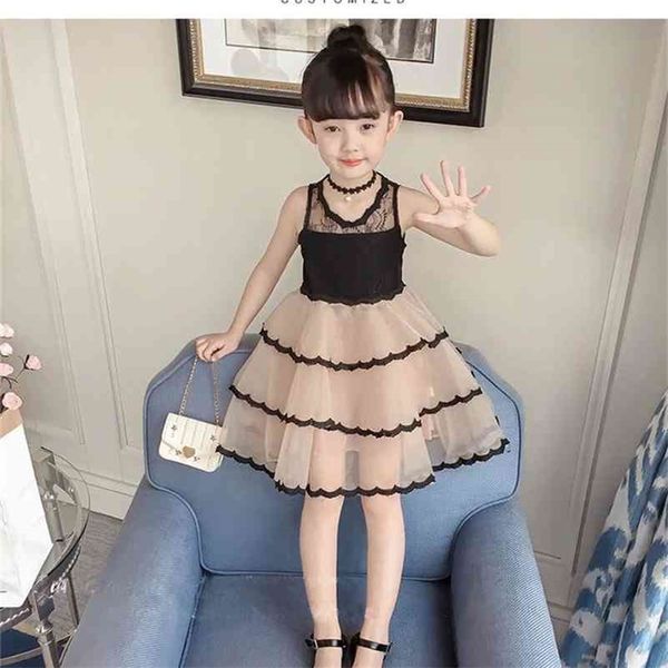 Moda kız bebek yaz elbisesi omuz kayışları ile çocuk büyük kız yelek - hat dantel parti balo elbise çocuk elbiseleri genç 210329
