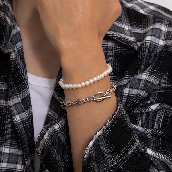 

charm bracelets ingesight.z stainless steel imitation pearl chain ot buckle for men 2pcs/set punk bracelet jewelry gifts, Golden;silver